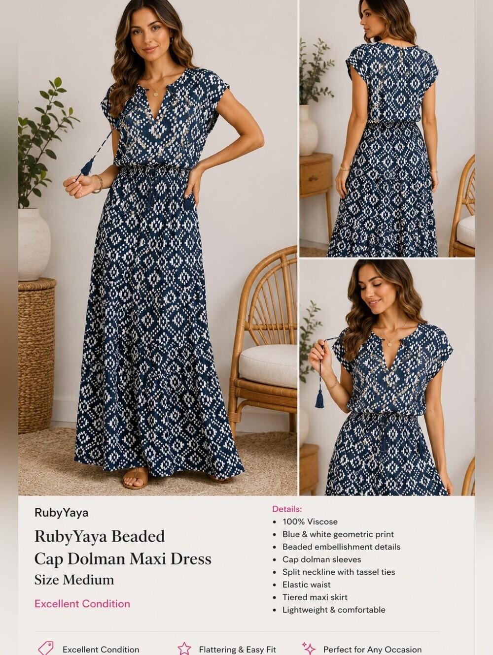 RubyYaya Beaded Boho Maxi Dress Blue White Geometric Print Size M - Picture 7 of 16